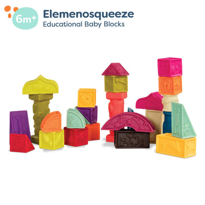 B. toys – Elemenosqueeze – Baby Blocks – 26 Soft Sort & Stack Blocks with Alphabet – Architectural Building Blocks – Shapes, Letters & Animals – 6+ Months