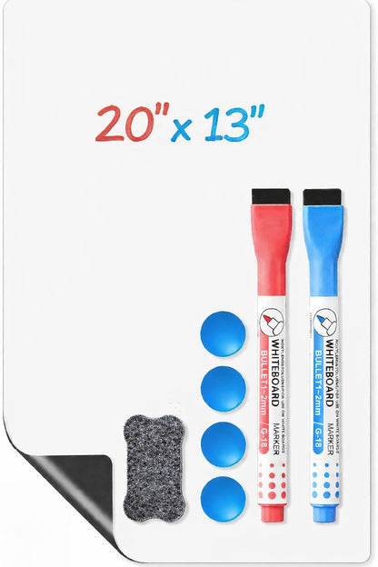 Magnetic Whiteboard for Fridge, 20" x 13" Dry Erase Board Set with Markers & Eraser, Strong Magnet & Stain-Resistant Surface, Fridge Calendar for Notes, Grocery List, Meal Planning & Family Schedule