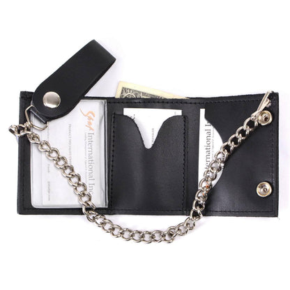 Milwaukee Leather MLW7831 Men's 4" Classic Black Plain Genuine Leather Tri-Fold Biker Wallet w/Anti-Theft Stainless Steel Chain - One Size