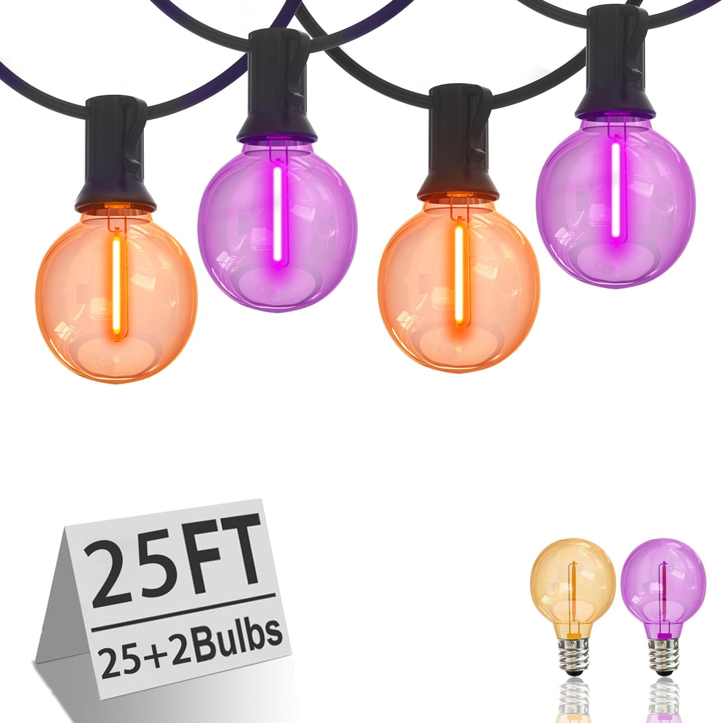 Romasaty Purple and Orange Halloween Lights, 25FT 27 Count Halloween G40 LED String Lights, Indoor Decoration Lights for Outdoor Patio Home Party Garden Yard-Black Wire