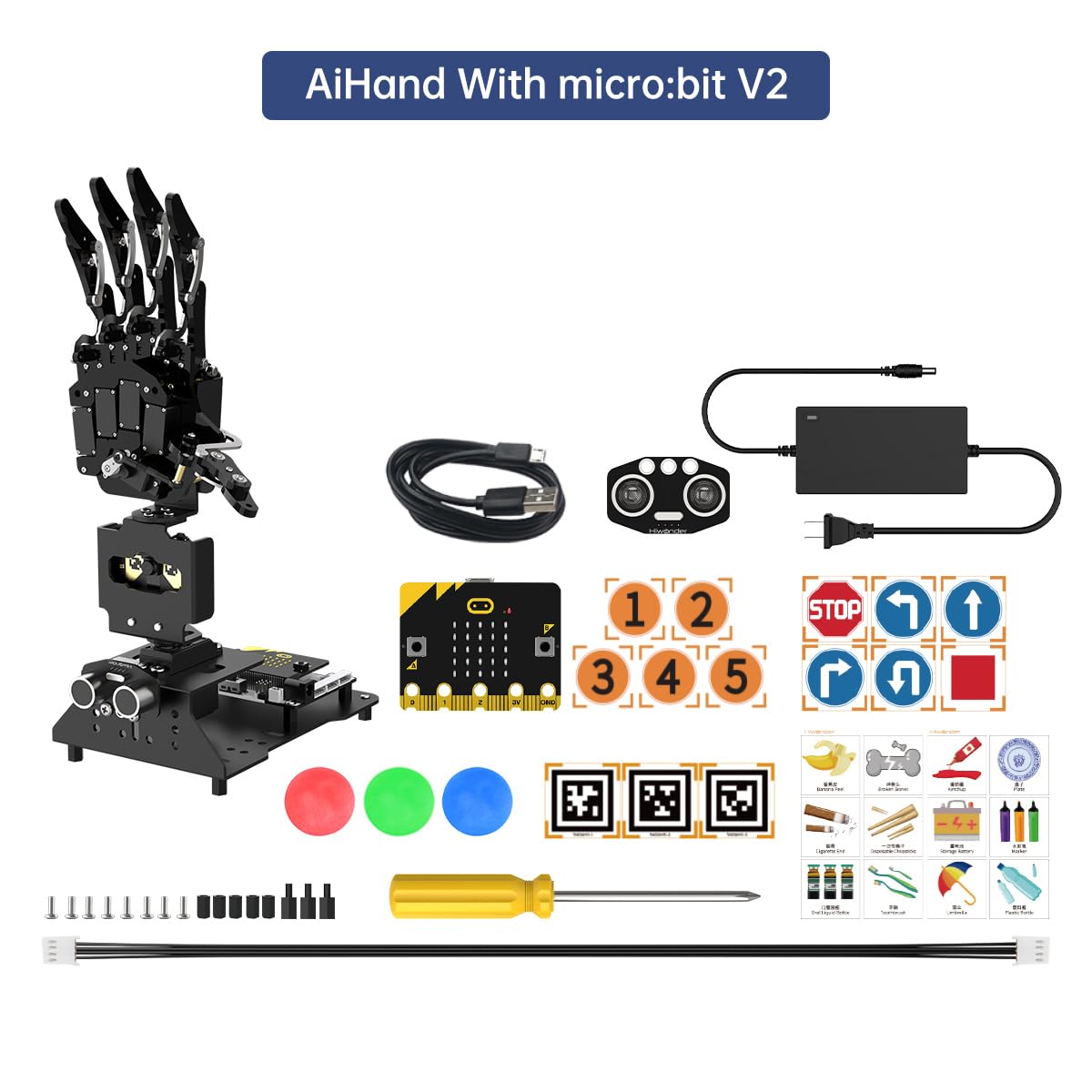 Robot Hand with Micro: bit V2 AI Bionic Robotic Hand Five Fingers Solely Movement Mechanical Arm DIY Smart Robot & Engineering Kits, Science/Coding/Programming Set