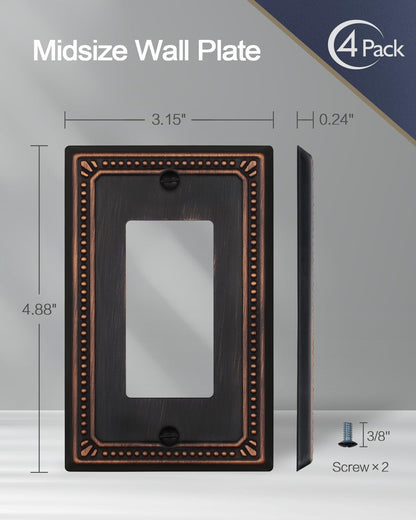 ZILLSEA Metal Wall Plates, Switch Plates and Outlet Covers, Decorative Pearl Design (1 Decorator 4PK, Aged Bronze, Midsize)