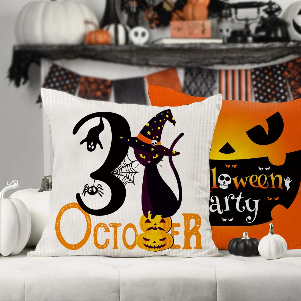 All Smiles Halloween Decorative Throw Pillow Covers 18X18 Set of 4 Fall Outdoor Indoor Orange and Black Halloween Decorations Ghost Cat Pillow Cases Ghost Cushion Home Decor Couch Sofa Bed