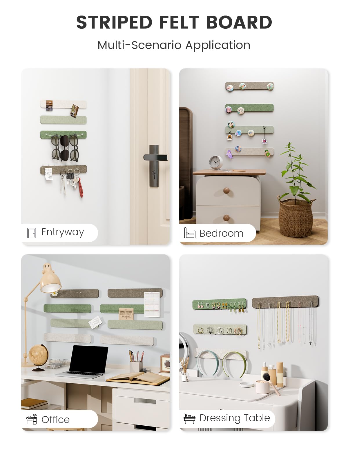 Fluxynara Cork Board Alternative Felt Strip Board 8-Pack 13"x2", Office Pin Board with 50 Push Pins, Adhesive Install for Bedroom Door & Home Office (Moss Haven）