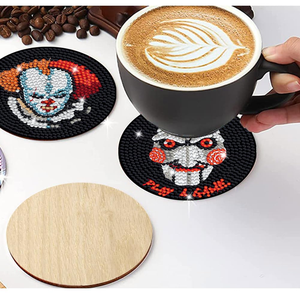 Bysincy 6 PCS Diamond Painting Coasters Kits with Holder Horror Halloween, DIY Funny Jack Skull Diamond Art Coaster Sets for Beginners Adults and Kids Art Craft Supplies Holiday Gift