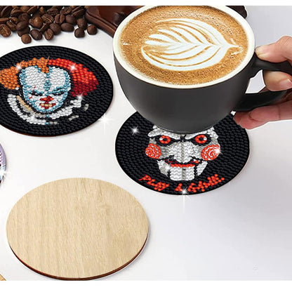 Bysincy 6 PCS Diamond Painting Coasters Kits with Holder Horror Halloween, DIY Funny Jack Skull Diamond Art Coaster Sets for Beginners Adults and Kids Art Craft Supplies Holiday Gift