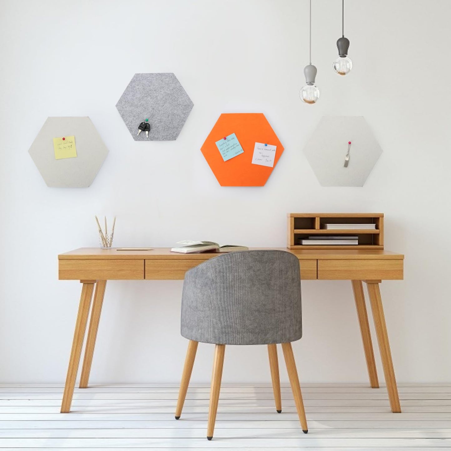 SEG Direct Hexagon Felt Cork Board Tiles, Self Adhesive Bulletin Board Large Felt Cork Boards for Walls Office with Push Pins 11.8 x 10.2 in, 5PCS(Orange/Ivory/Gray)