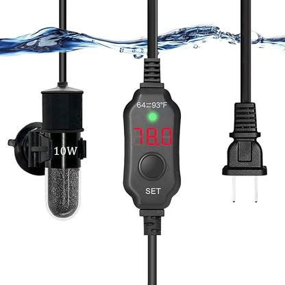 YukiHalu Super Mini Aquarium Heater, 10W 20W 30W Adjustable Fish Tank Heater with External Controller, Overheating Protection, Digital Display, Used for 0.5-3 Gallons(10 watts)