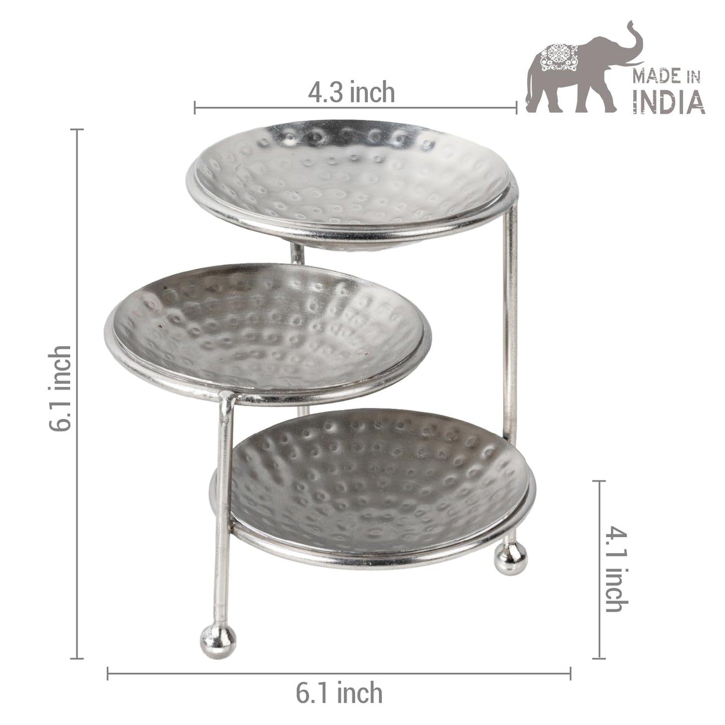 MyGift 3 Tier Jewelry Dish Organizer, 4 Inch Hammered Silver Metal Dishes and Stand, Decorative Ring Tray Jewelry Holder Display Tower for Earrings Necklace Bracelet - Handcrafted in India