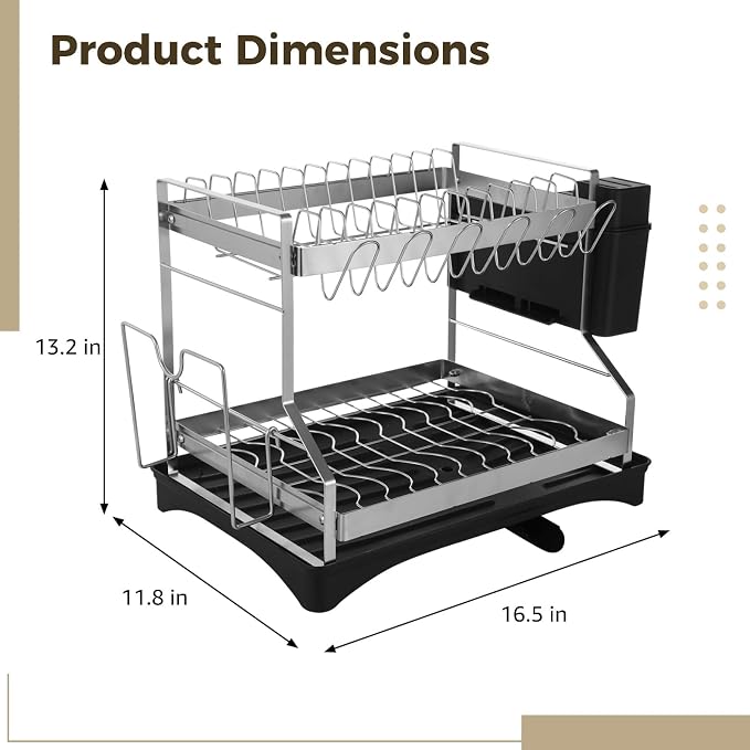 OMISTAR 2 Tier Dish Drying Rack, Large Dish Rack for Kitchen Counter, Stainless Steel Dish Rack with Drainboard and Utensil Holder, Cup Holder, Cutting Board Holder