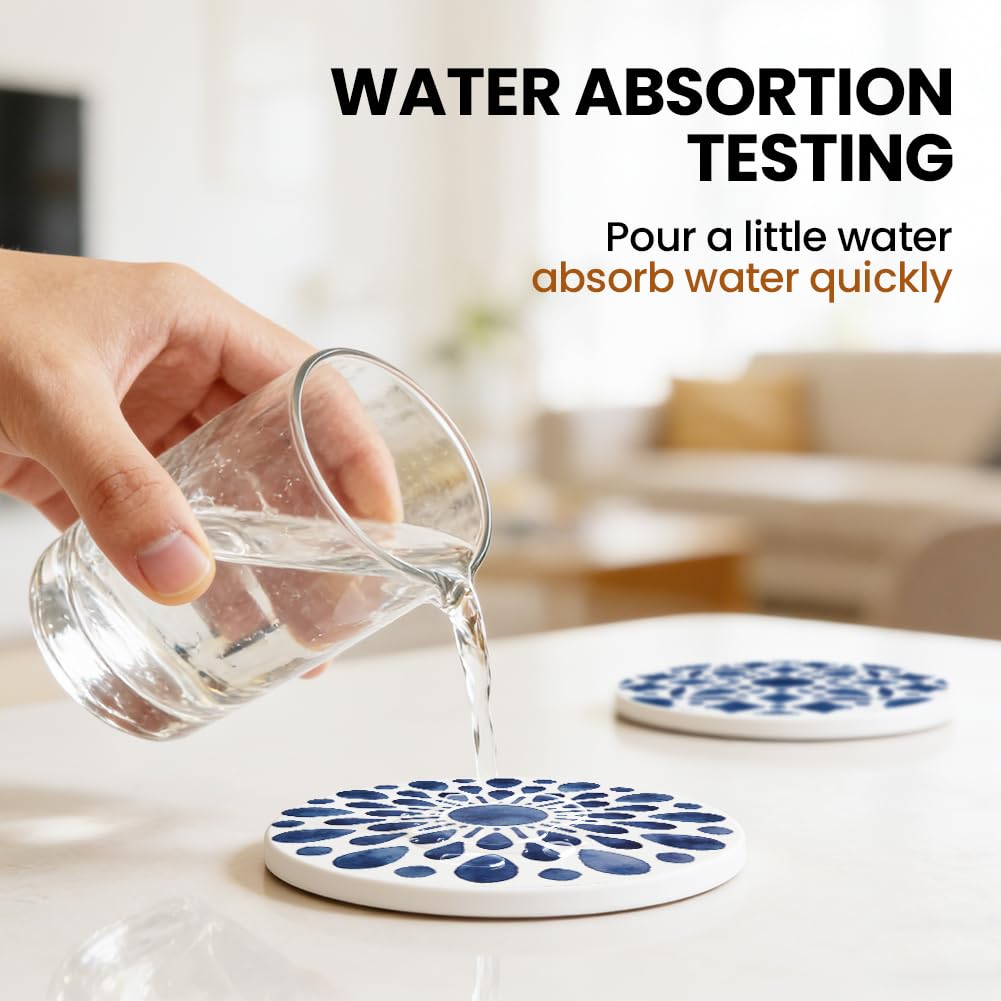 ANATTASOUL Ceramic Coasters Set of 6 with Holder Blue Abstract Patterns Absorbent Drink Coasters for Home Decor, 4.05" Round Marble Coasters for Coffee Table, Kitchen, Bar Decor Housewarming Gifts