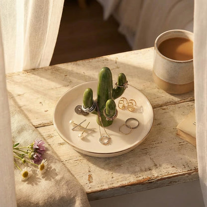 mono living Cactus Jewelry Holder and Ring Dish - Ceramic Succulent Decor for Kitchen Sink or Vanity - Cute Engagement, Birthday, or Mother’s Day Gifts for Women, Gold-Rimmed Trinket Tray