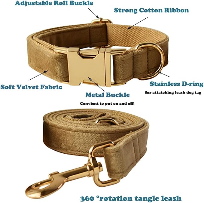 Love Dream Velvet Dog Collar and Leash Set, Soft & Comfy Adjustable Dog Leash and Collar with Heavy Duty Metal Buckle for Small Medium Large Dogs Training & Walking (Medium, Khaki)