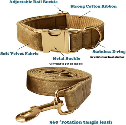 Love Dream Velvet Dog Collar and Leash Set, Soft & Comfy Adjustable Dog Leash and Collar with Heavy Duty Metal Buckle for Small Medium Large Dogs Training & Walking (Medium, Khaki)