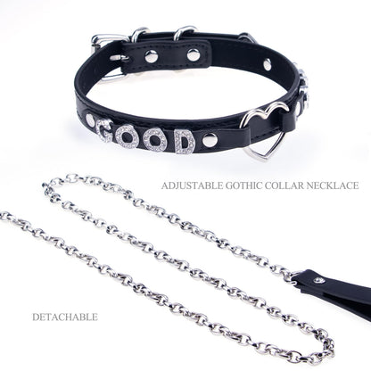 Bilisee Leather Love Heart Choker Necklace with Shiny Letters, Gothic Collar for Women, Punk Rock Necklace Collars Fashion Jewelry, Black