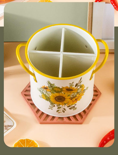 Metal Utensil Holder,Sunflower 4 Compartments Organizer Utensil Crock