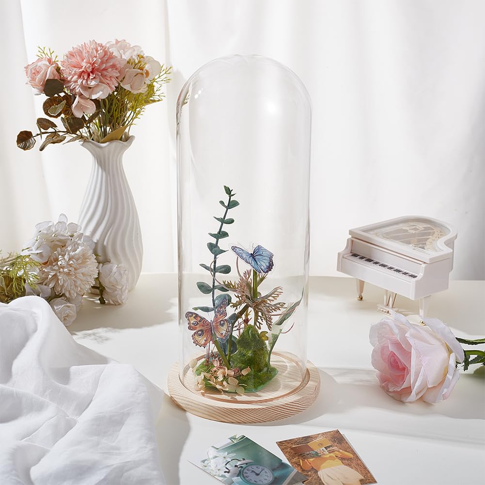 BENECREAT 4.6x12inch Eternal Transparent Flower Glass Cover, Glass Display Dome Cloche Jar with Blanched Almond Solid Wood Base for DIY Flower Craft