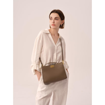 ELLE Women's Structured Full Grain Leather Top Handle Bag with Detachable Strap