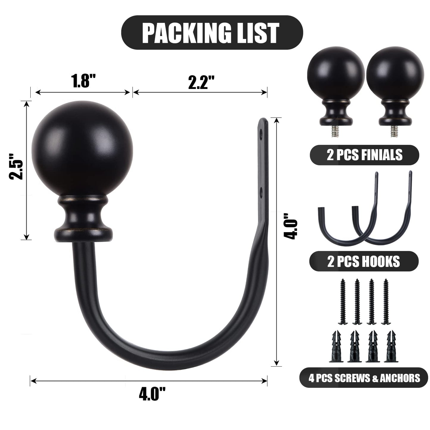 KAMANINA Curtain Holdbacks, Black Curtain Tiebacks Wall Mounted with Round Finials, Metal Curtain Pull Backs with Screws, Decorative Curtain Hooks for Drapes Bedroom (1 Pair/2 Pack, Small)
