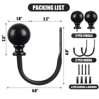 KAMANINA Curtain Holdbacks, Black Curtain Tiebacks Wall Mounted with Round Finials, Metal Curtain Pull Backs with Screws, Decorative Curtain Hooks for Drapes Bedroom (1 Pair/2 Pack, Small)