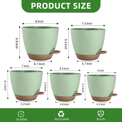 Hylitong Plant Pots 8/7.5/7/6.5/6 Inch Self Watering Pots,5 Pack Planters with Drainage Holes and Saucers,Plastic Flower Pots,Nursery Planters for Indoor Outdoor Plants (Green)