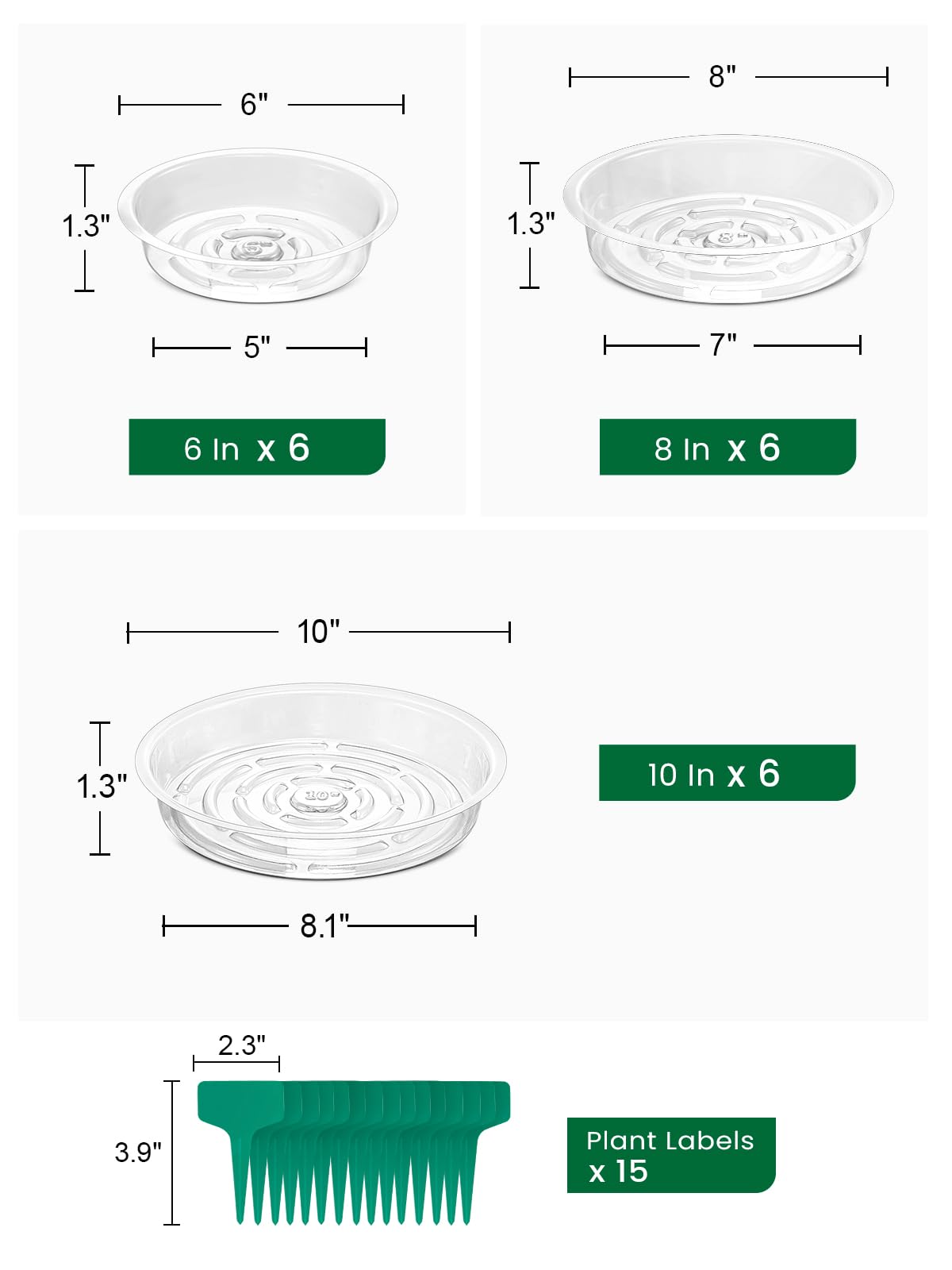 GROWNEER 15 Pack of 6, 8, 10 Inches Clear Plant Saucers Flower Pot Trays, with 15 Pcs Plant Labels, Plastic Plant Drip Trays for Indoor Outdoor Plants Garden, 5pcs of Each Size