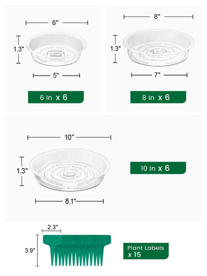 GROWNEER 15 Pack of 6, 8, 10 Inches Clear Plant Saucers Flower Pot Trays, with 15 Pcs Plant Labels, Plastic Plant Drip Trays for Indoor Outdoor Plants Garden, 5pcs of Each Size