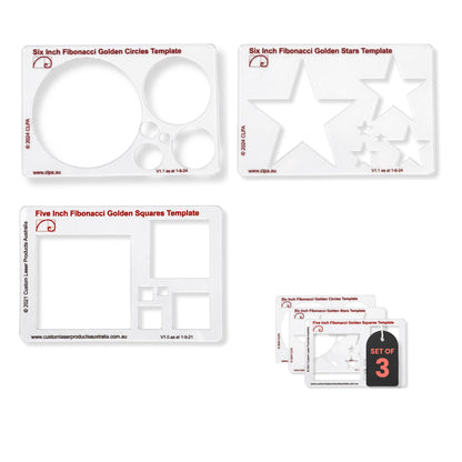 CLPA Fibonacci 3-Piece Template Set — 6" Circle, Star and Square | Golden Ratio Drawing Tools | Fibonacci Art, Quilting and Drafting Stencils | Clear PETG | Made in Australia