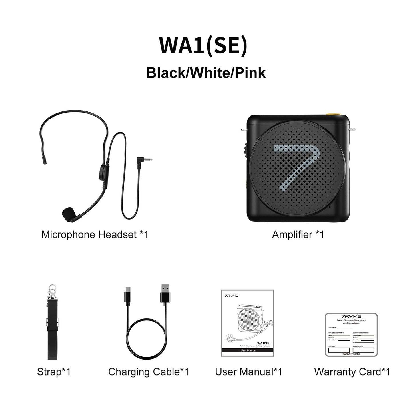 7RYMS WA1(SE) Portable Voice Amplifier for Teachers with Wired Headset Microphone,Mini Speaker Microphone for Classroom,Speech,Training Outdoor,Speaker Megaphone with Noise Canceling, 23H Workin-Black