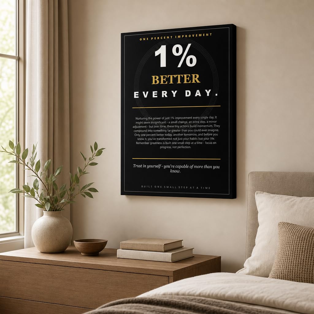 PJQART Inspirational Posters for Office 1 Percent Improvement Quote Wall Art, Black Gold Canvas Poster for Home Office Dorm Classroom, Single Panel Framed Decor 24x18 Inch