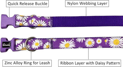 Dog Collar Leash Set, Floral Pattern, Nylon Webbing Plus Cotton Ribbon, 5ft Matching Leash, for Large Dogs.(L, Purple Daisy)