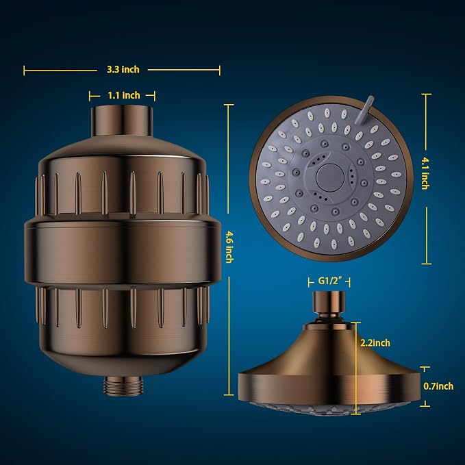 Shower Head and 15 Stage Shower Filter Combo, FEELSO High Pressure 5 Spray Filtered Showerhead with Water Softener Filters for Hard Water Remove Chlorine and Harmful Substances (Oil Rubbed Bronze)