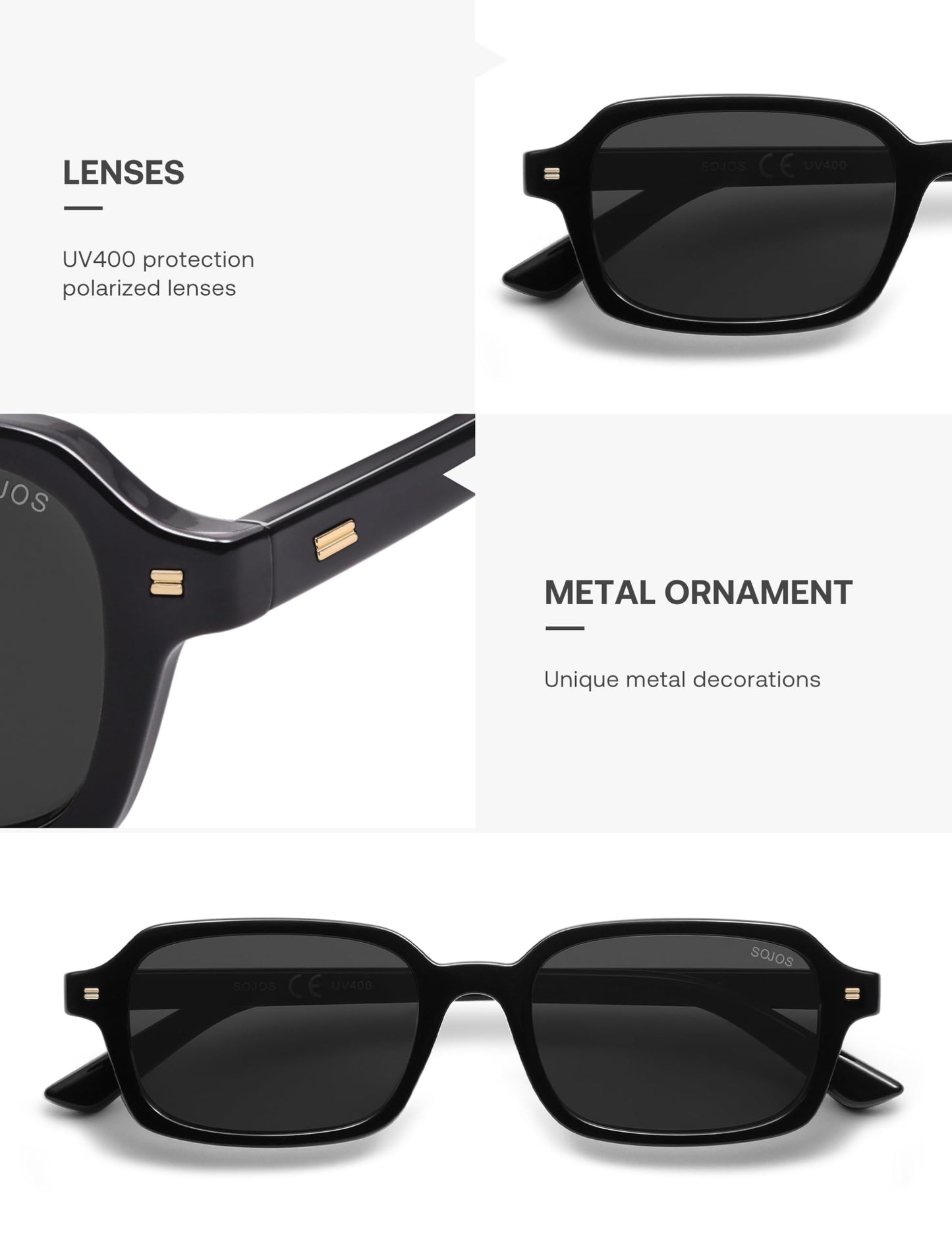 SOJOS Retro Rectangular Polarized Sunglasses Womens Mens, 80s 90s Small Trendy Slim Narrow Square Sunnies SJ2610, Black/Grey