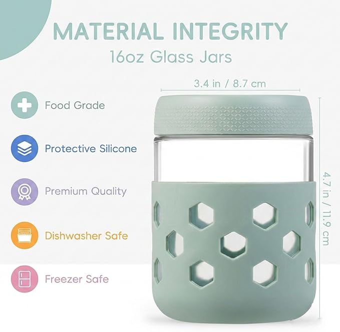 Overnight Oats Container 16 oz - 6 Pack with Silicone Sleeves for Glass Soup Containers with Lids - BPA Free, Leak Proof, Dishwasher Safe - Wide Mouth Jars for Yogurt, Meal Prep, Drinking & Storage