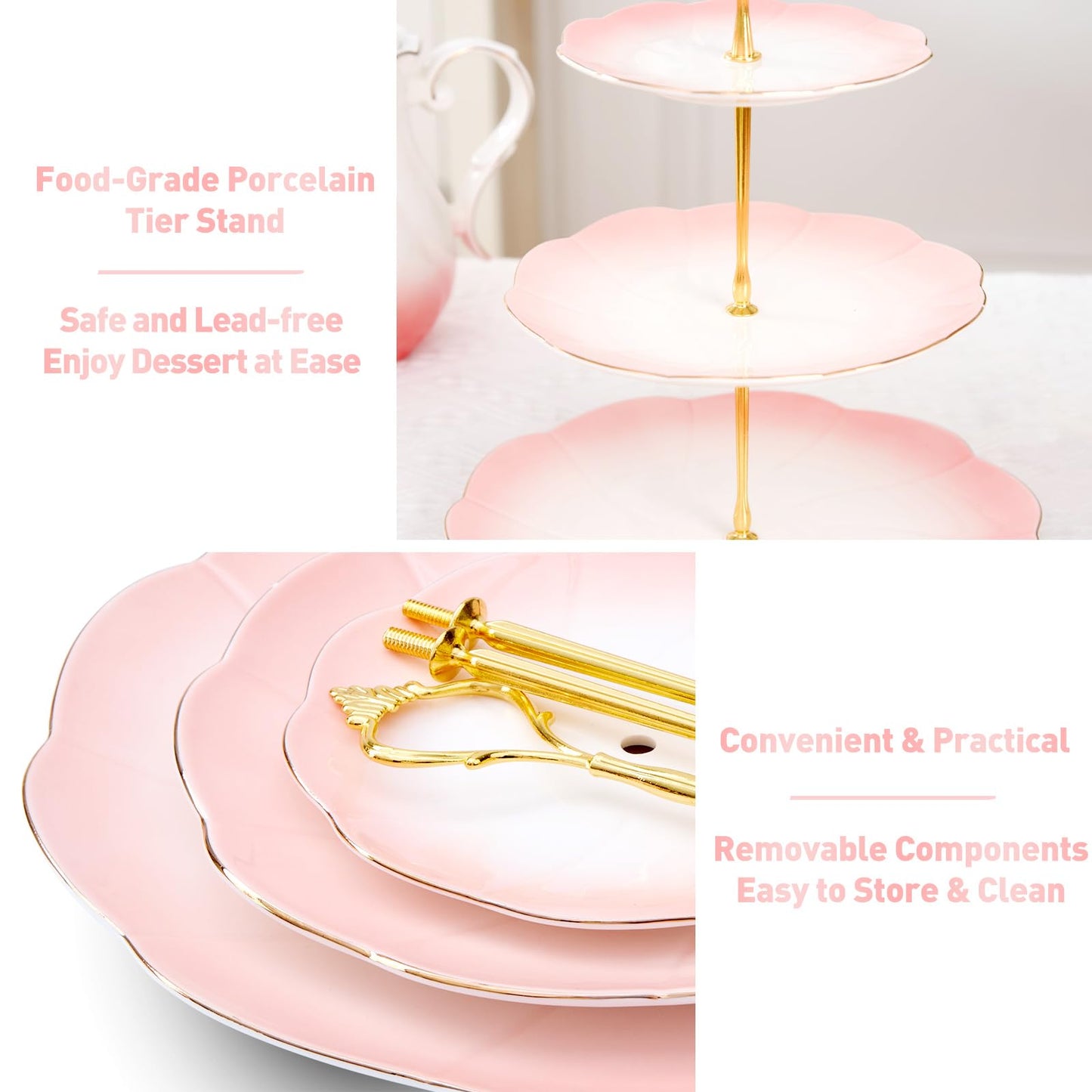 DUJUST Luxury Larger 3-Tier Cupcake Stand Tower, British Style Porcelain Serving Tray with Golden Trim, Food Grade Dessert Display Stand for Tea Party & Home Décor - 45% Gradient Pink Larger Plates