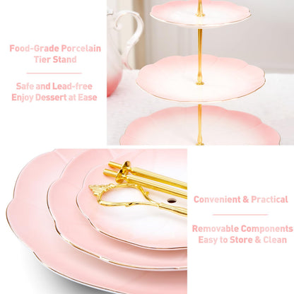 DUJUST Luxury Larger 3-Tier Cupcake Stand Tower, British Style Porcelain Serving Tray with Golden Trim, Food Grade Dessert Display Stand for Tea Party & Home Décor - 45% Gradient Pink Larger Plates