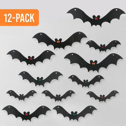 VictoryStore Outdoor Hanging Bat Halloween Yard Decorations, Set of 12 - Waterproof Plastic Hanging Halloween Decorations, Made in USA