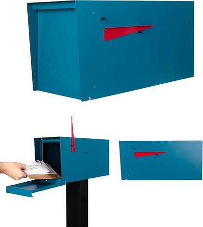 Ilyapa Modern Mailbox for Outside Post Mount - Blue Powder Coated Metal Mailbox, Waterproof Letter Box for Parcels, Recessed Magnetic Close Door
