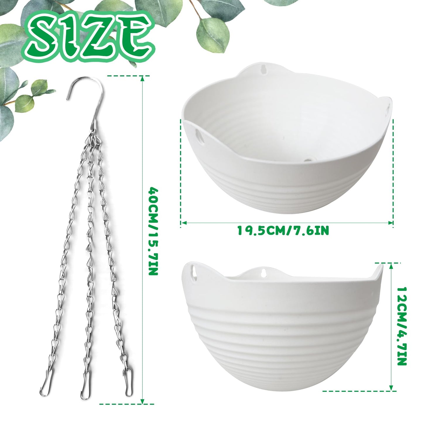 Srmayyi 4 Pack 8 inch Plastic Self Watering Hanging Planters,Round Hanging Basket Planter with Drainer and Metal Chain,White Garden Flower Plant Pot Container for Indoor Outdoor Plants