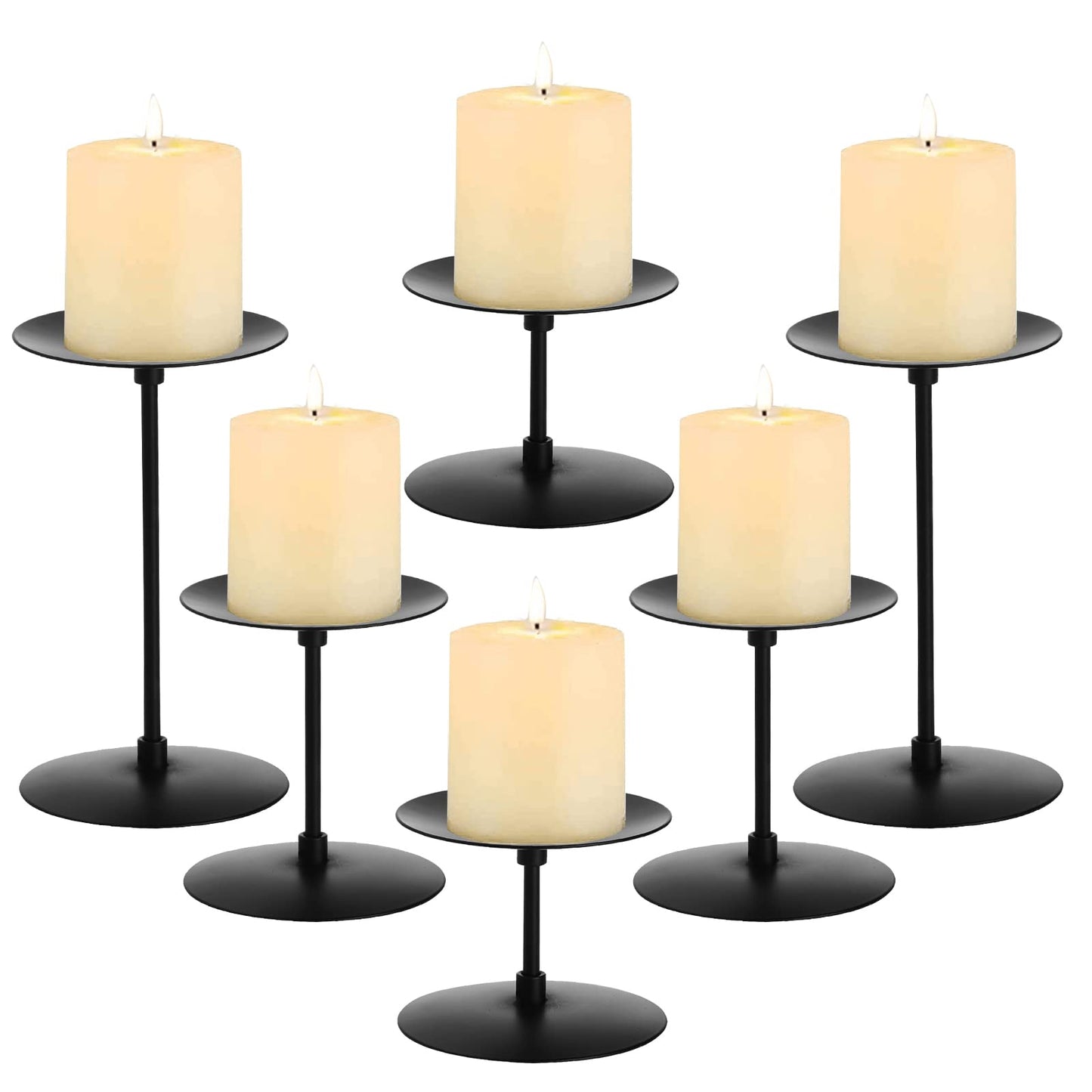 Elsjoy Set of 6 Black Pillar Candle Holders, Metal Pillar Candle Stand Fireplace Candelabras Set for Home Decor, Table Centerpiece, Wedding, 3 Sizes