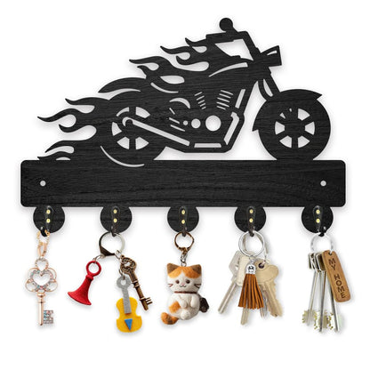 MAYJOYDIY Wood Motorcycle Flame Coat Hooks Motorbike Fire Key Holder for Wall 11.8×7.9inch Black Key Hooks Rack 5 Alloy Hooks Home Decor Gifts Entryway Kitchen Bathroom Storage Organizer