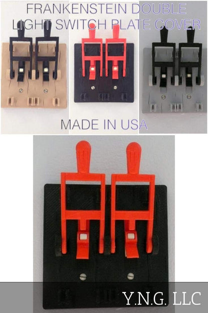 DUAL FRANKENSTEIN LIGHT SWITCH COVER PLATE FLIP HANDLE 3D PRINTED MADE IN USA PR78-2 (BLACK PLATE, BLACK HANDLES)