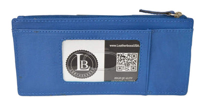 Leatherboss Genuine Leather Women's All in One Credit Business Card Case Holder Slim Zipper Wallet With a Card Protection Strap, Royal Blue