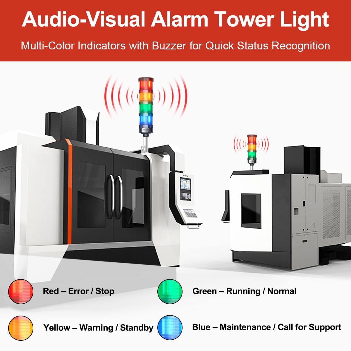 3 Stack Super Bright LED Andon Tower Light with Buzzer, 24VDC Red/Yellow/Green Signal Light, Off-ON, 16.4ft Extension Cord, 9.8ft Power Adapter, Plug Play Ready, for Factory Automation & Safety Alarms