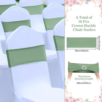 VitalCozy 50 Pcs Stretch Chair Sashes with Crown Chair Sashes with Buckle Slider Wedding Elastic Cover for Party Bridal Baby Shower Ceremony Reception Banquet(Sage Green)