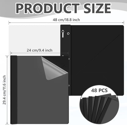 Patelai 48 Pcs Plastic Folders with 2 Pockets and 3 Prongs Home Folders with Card Slot Letter Size Heavy Duty Report Covers for Back to School(Black,Simple Style)