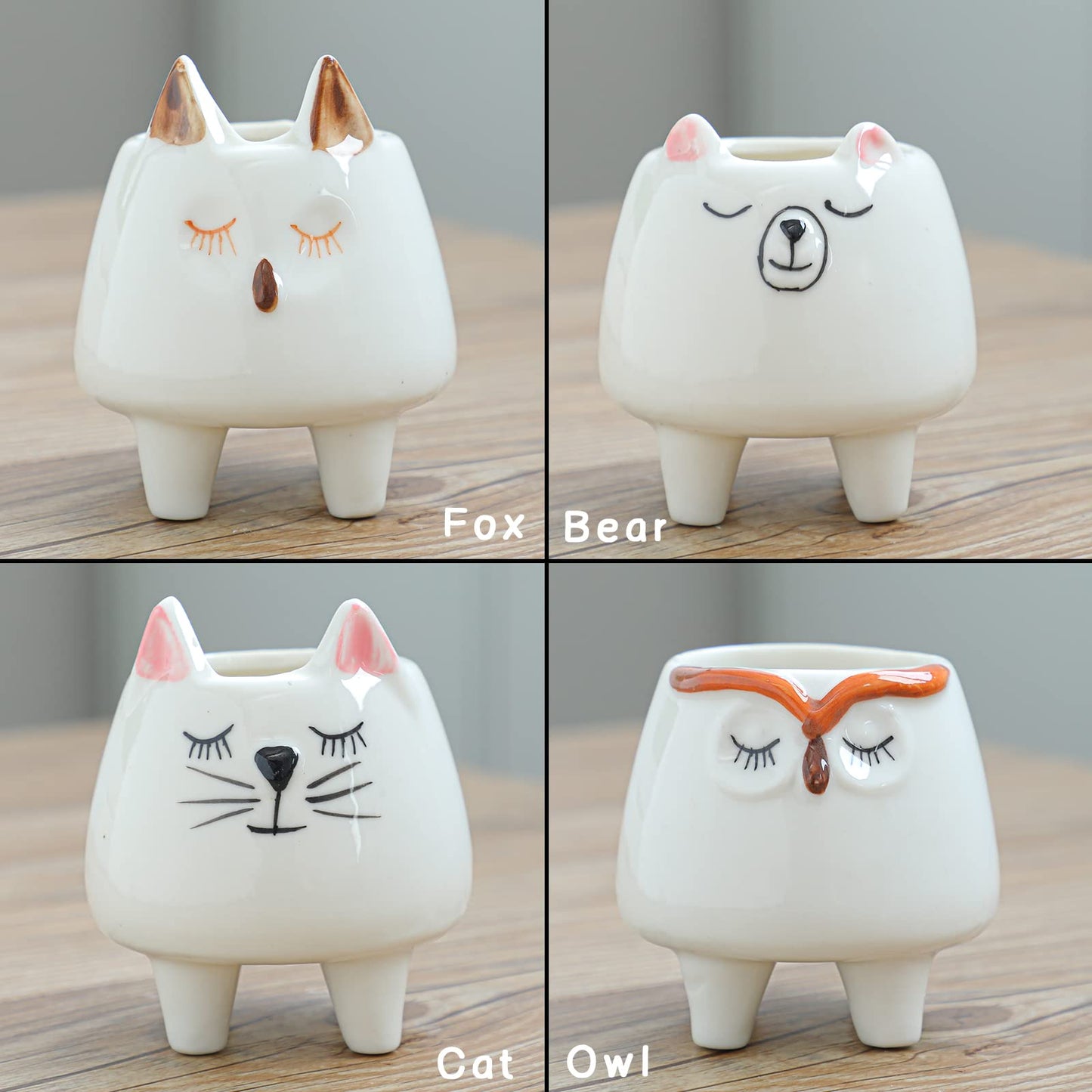 ARTKETTY 8 Pcs Succulent Pots with Drainage, Small Cartoon Animal Planters Ceramic Planter Pot for Indoor Cactus Plants Mini Cute Flower Plant Container for Desk Windowsill Decoration