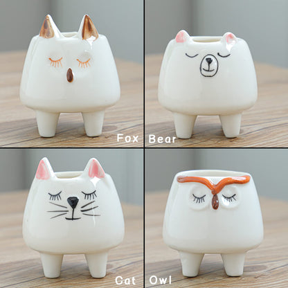 ARTKETTY 8 Pcs Succulent Pots with Drainage, Small Cartoon Animal Planters Ceramic Planter Pot for Indoor Cactus Plants Mini Cute Flower Plant Container for Desk Windowsill Decoration