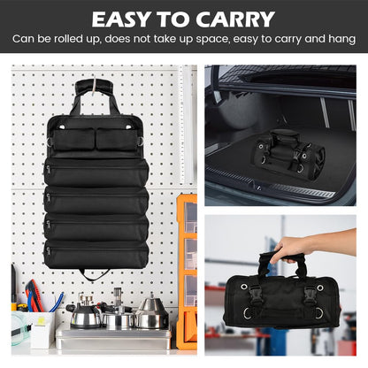 Roll Up Tool Bag, Heavy-Duty Waterproof Tool Roll Organizer with 4 Compartments and 2 Detachable Zipper Pouches, Compact Tool Storage for Mechanics, Electricians, RV and Motorcycle (Black)