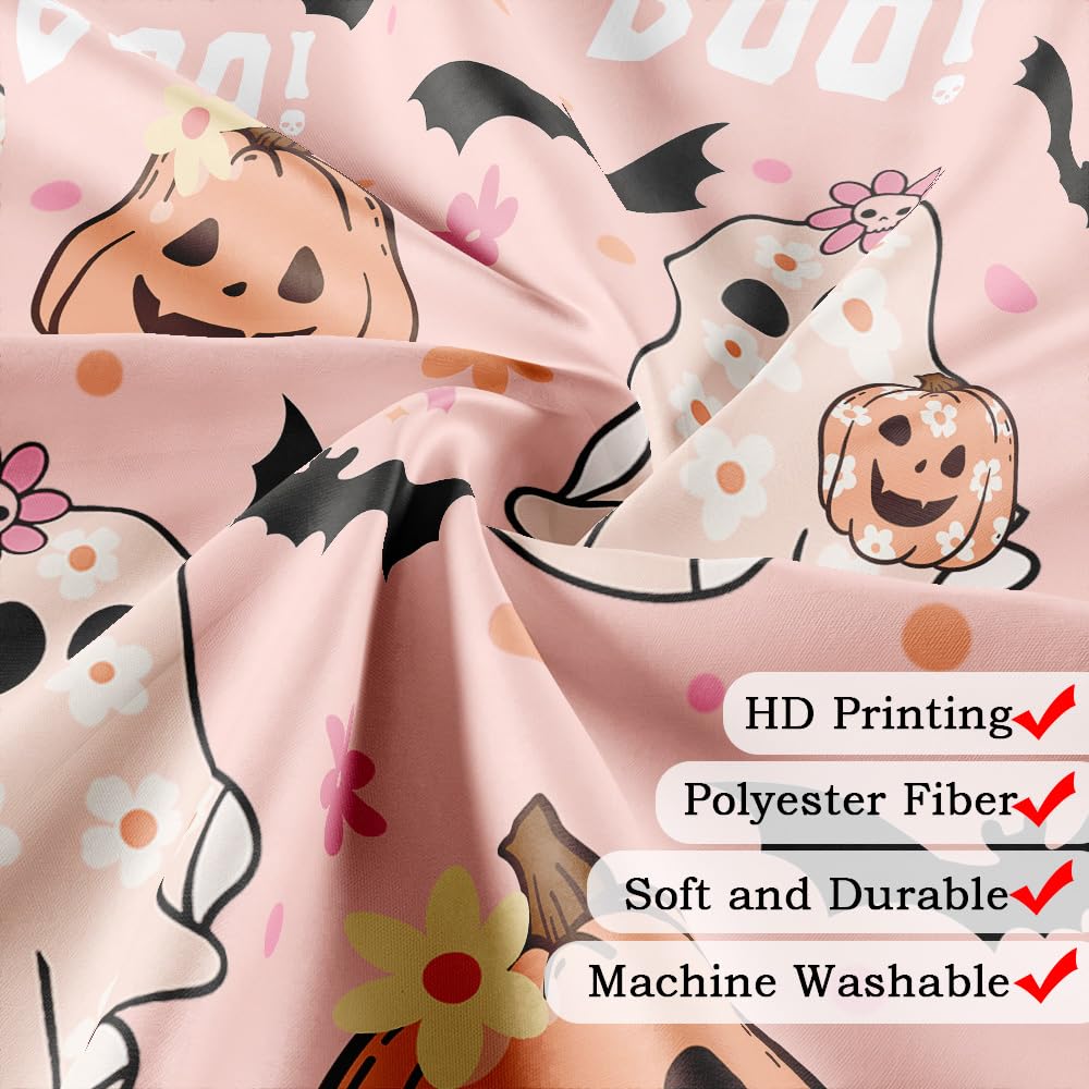 Xiaoput Pink Halloween Shower Curtain, Cute Ghost Pumpkin Black Bat Boo Shower Curtains for Bathroom Decor, Funny Cartoon Spooky Halloween Fabric Bath Curtain Set with Hooks, 70X72IN